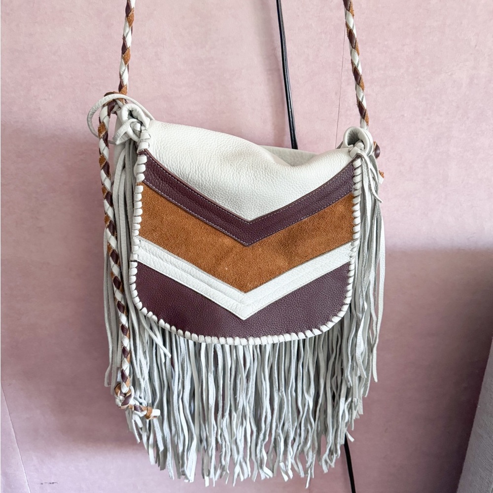 Jennifer Haley Bags Genuine Leather Boho Fringe  Bag in Cream, Brown, and Tan